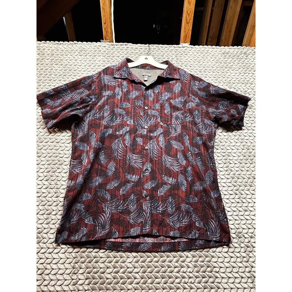 Van Heusen Men's Large Hawaiian Camp Shirt Red Blue Palm Leaf Button Front - Picture 1 of 6